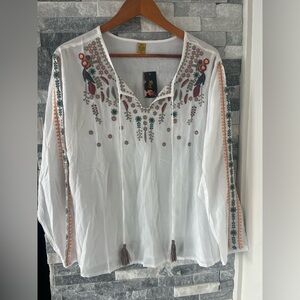 Women RAJ NWT Blouse Embroidered Bohemian Tasseled Long Sleeve-White Floral-XL